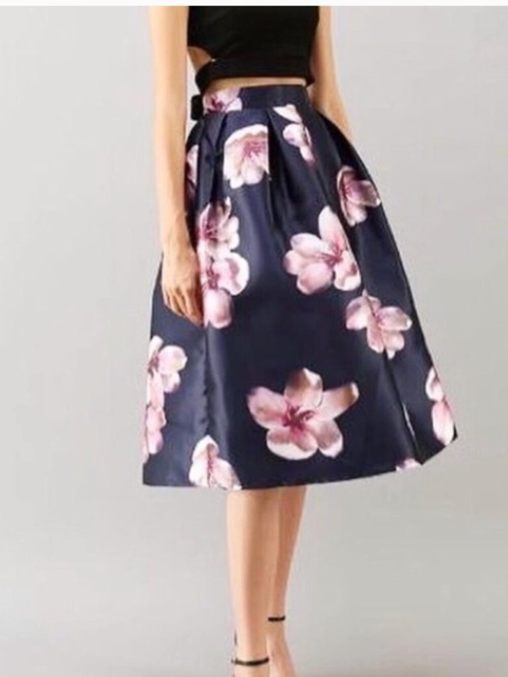 Chicwish Navy Pink Floral Satin Midi Skirt A-line Size M
